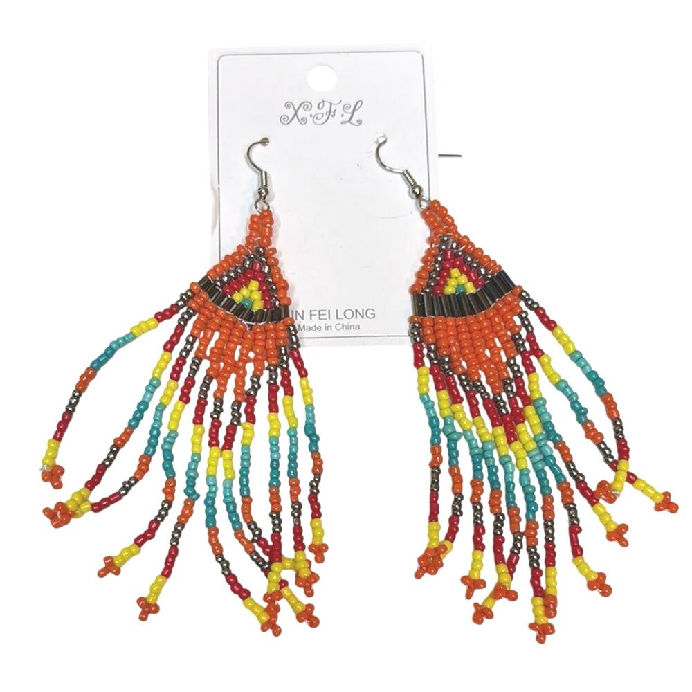 Boho Beaded Fringe Earrings Multicolor Tribal Statement